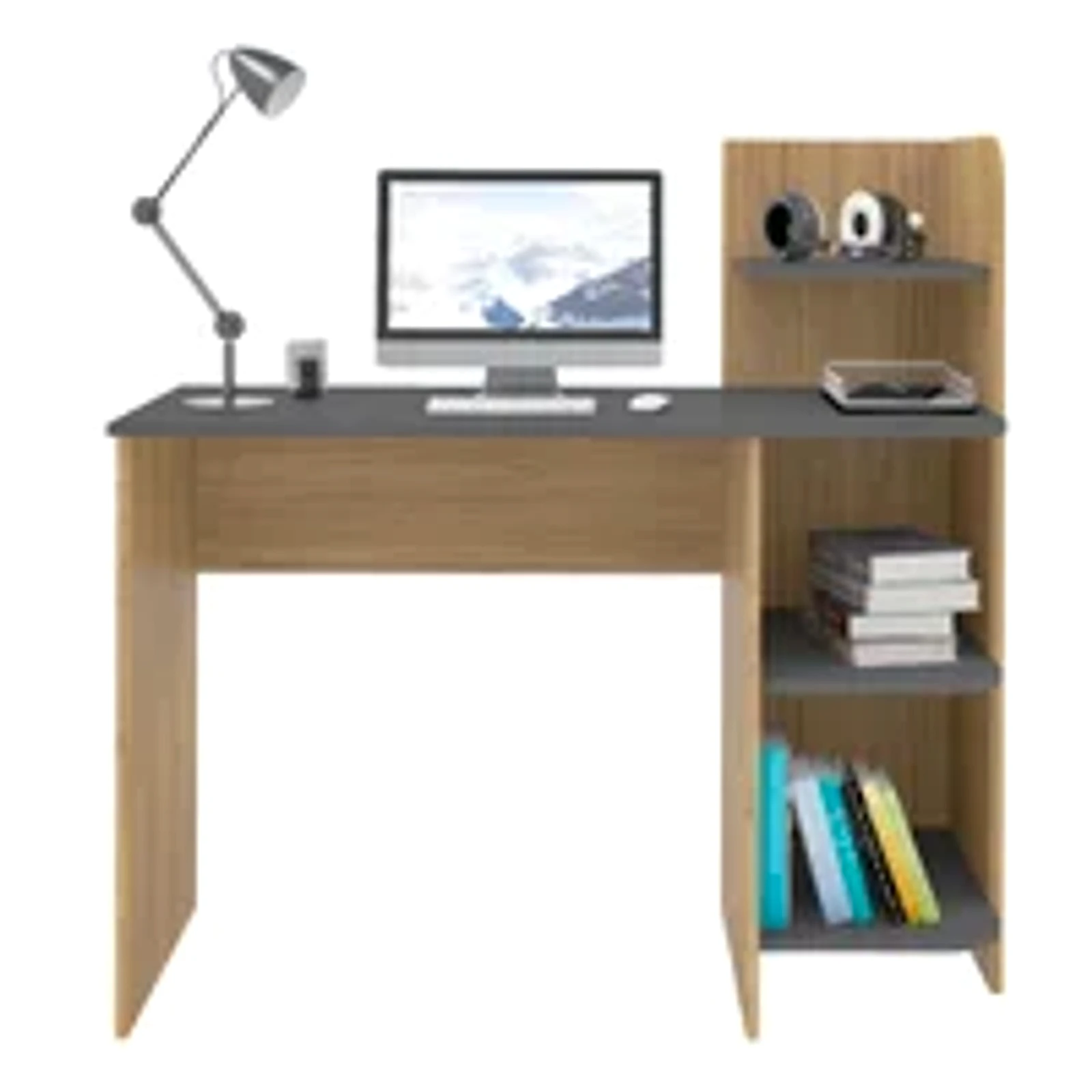 Escrivaninha P/ Notebook Link Carvalho Com Grafite Com 3 Prateleiras - Artely