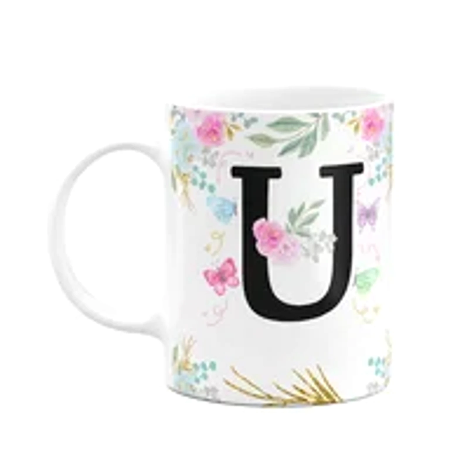 Caneca Floral - Inicial Do Nome Letra U - 325ml
